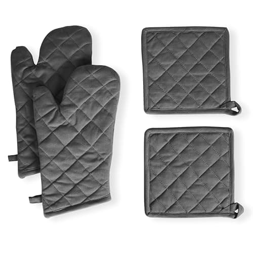 Native Fab Farmhouse Oven Mitts and Pot Holders Set of 4, Heat Resistant Non-Slip Machine Washable, 100% Cotton Kitchen Pot Holders Oven Mitts Sets Grey