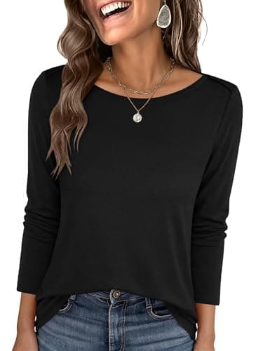 ANRABESS Womens Boat Neck 3/4 Sleeve Top Shirts, Black, L