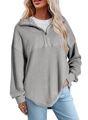 SHEWIN Women Fall Sweatshirt Waffle Knit Quarter Zip Top, Grey, Size S