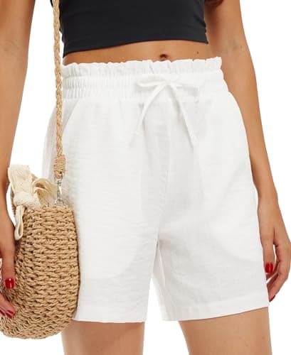 Libin Womens Linen Short Shorts High Waisted Lightweight Drawstring Summer Vacation Outfits with Pockets Casual Beach Lounge Outdoor, White, XL