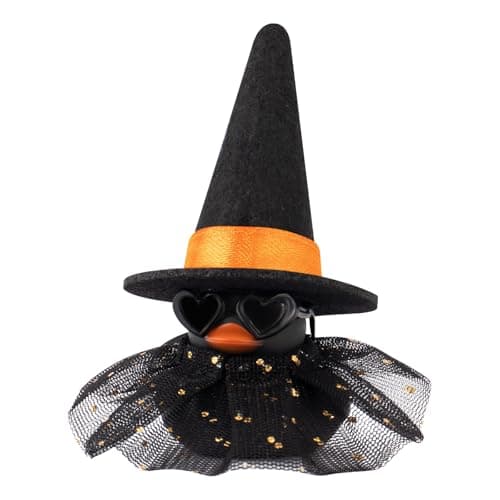 wonuu Car Dashboard Witch Black Rubber Ducks for Halloween, Decorations Duck for Office Desk Ornament Accessories with Hat Glasses Skirt, Orange