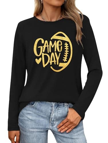LAZYCHILD Game Day Shirts Women: Football Graphic Shirts Gameday Football Season Shirt Team Fan Long Sleeve Tops Black