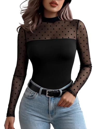 Zeagoo Black Polka Dots Top for Women Lace Sexy Crew Neck Long Sleeve Shirt