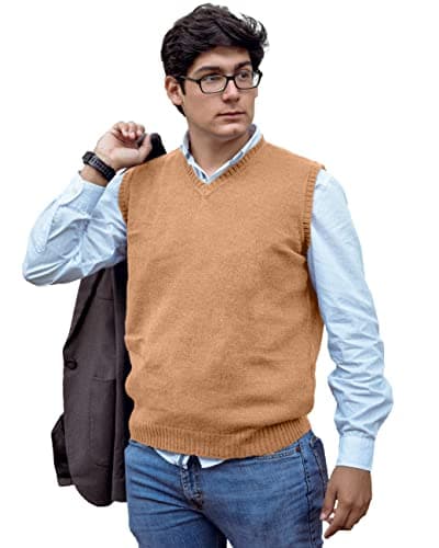 TINKUY Peru Men’s Alpaca Wool Sweater Vest – Soft V-Neck Pullover for Men – Classic Peruvian Knit – Sizes S to 4XL (US, Alpha, Small, Regular, Regular, Camel)