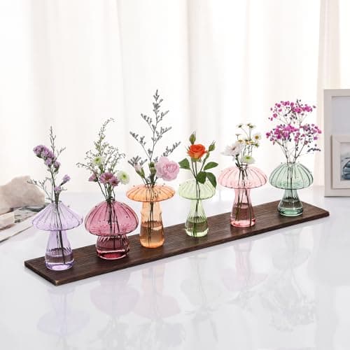 Colored Small Glass Propagation Mushroom Vase Flower Plant Set of 6(No Tray