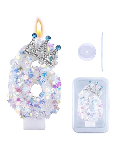 Birthday Candle for Cakes, Glitter Number Sparkler Cake Topper - Princess Crown Cake Decorations Candles, Birthday Party Supplies for Girls (Glitter 6)