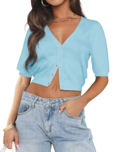 LEEDYA Women's Short Sleeve Cropped Cardigan Open Front Bolero Shrugs for Dresses Crochet Button Down Sweaters Blue XL