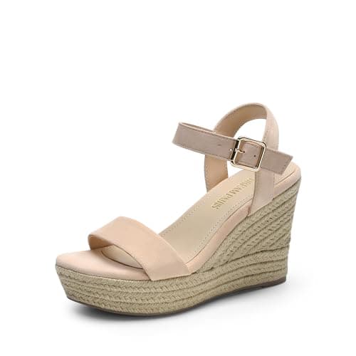 DREAM PAIRS Women's Platform Wedges Sandals, Comfortable Open Toe Espadrilles Sandals Dressy Buckle Ankle Strap Summer Shoes,Size 7,All Nude