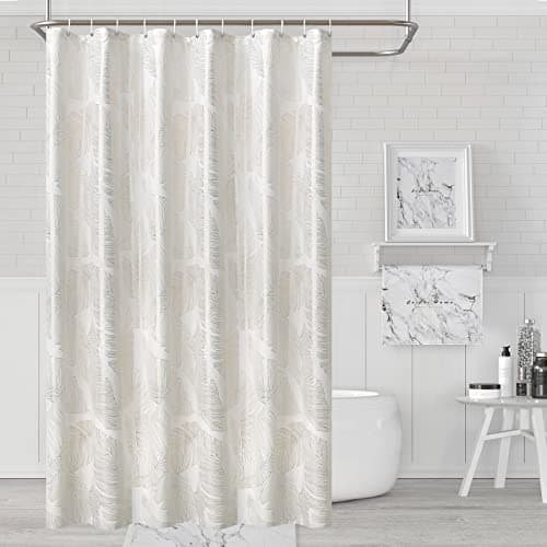 Taisier Home Leaf Shower Curtain Set - Metallic Gold Leaves Printed on Off White Fabric Grommet Shower Curtain 72 Inch Length for Bathroom 12 Hooks Included, 72 x 72 Inch, Gold Off White
