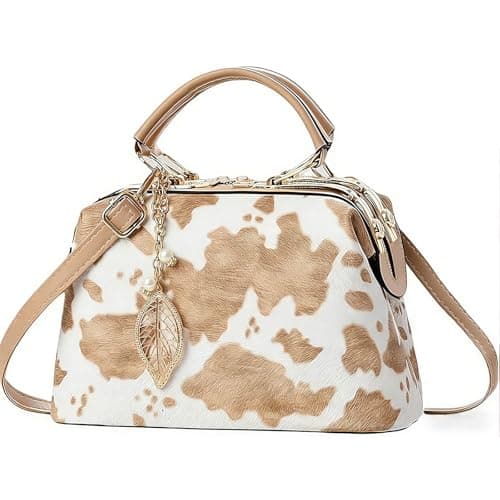 Tigpoy Cow Print Purse, Women's Leather Handbag, Top-Handle Satchel Purse with Crossbody Strap, Fashion Shoulder Bag for Work, Travel & Daily Use (Khaki)