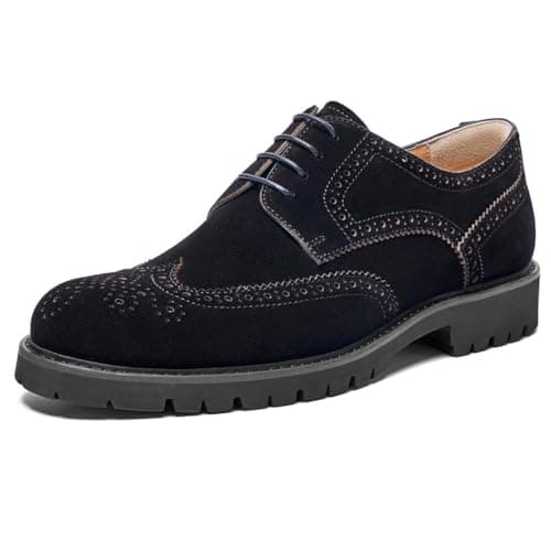 Jepsen Gord Men's Dress Shoes Wingtip Genuine Cowhide Leather Suede Oxfords with Brogue Derby Shoes for Wedding, Business, Fomal Occasions, Black Suede, 8