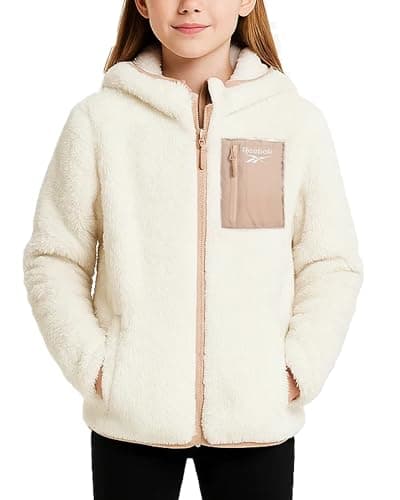 Reebok Girls Fleece Jacket - Soft Plush Sherpa Faux Fur Hooded Winter Jacket for Girls, Warm Lightweight Cozy Teddy Coat, Size 6, Cream