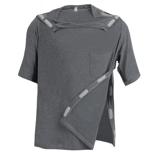 Unisex Post Shoulder Surgery Shirts Recovery Tear Away Short Sleeve Chemo Clothing with Stick On Fasteners, Convenient (US, Alpha, 3X-Large, Regular, Regular, Deep Gray)