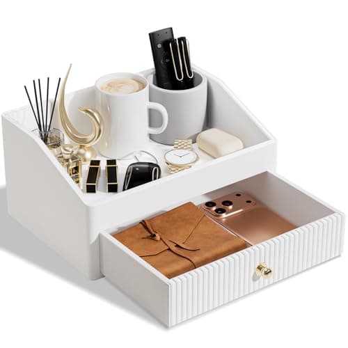 LADSTAG Office Desk Accessories,Beige White Vegan Leather Office Organizer with 1 Drawer & Tray,Pen Holder with Gold-Tone Metal Accents Knob for End Tables,Bedside Table,Bedroom.