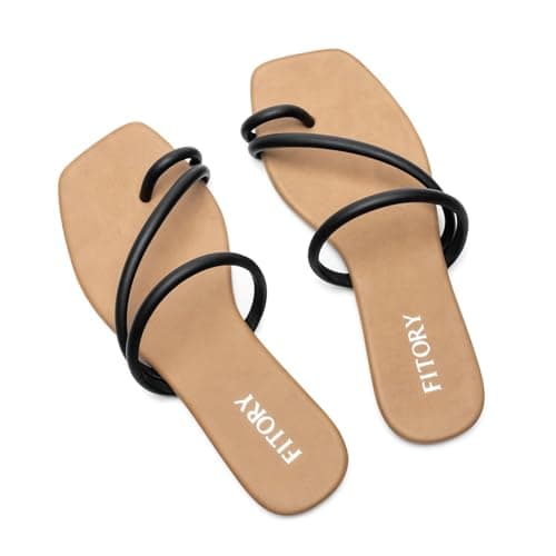FITORY Women's Cross Strap Flat Sandals,Fashionable Toe Ring Thong,Open Toe Slide Shoes for Summer Black Size 11