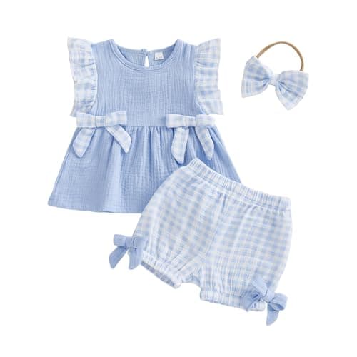 FOCUSNORM Toddler Baby Girl Outfits Plaid Flying Sleeve Ruffle Tops Shorts Sets and Headband Infant Baby Girl Summer Clothes (Cute Blue, 0-6 Months)