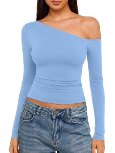 REORIA Womens Long Sleeve Shirts 2026 Fall Casual Fitted off Shoulder Tops