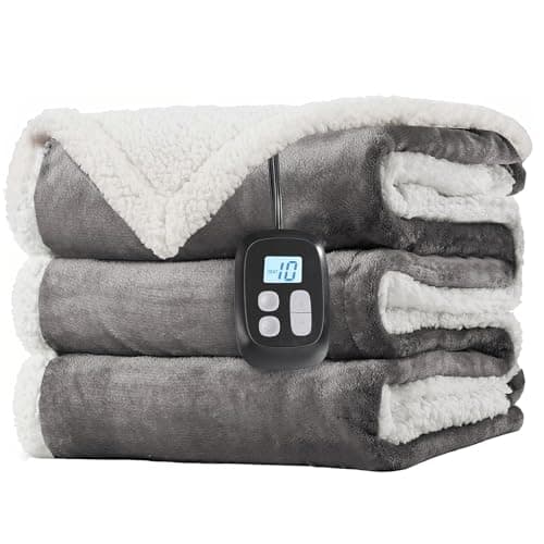 LaffyLo Electric Heated Blanket Twin Size 62 x 84, Fast Heating Blanket, Dual-Sided Flannel Sherpa, 10 Heat Settings, 1-12 Hour Auto Off, Machine Washable, Light Grey