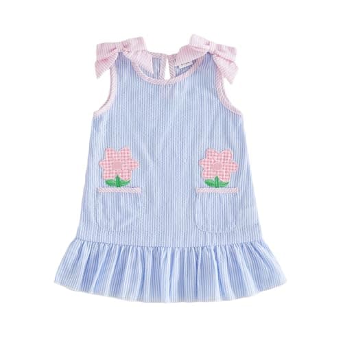 Toddler Baby Girl Flower Dresses Kid Summer Outfit Embroidery Floral Sleeveless Tank Dress Seersucker Stripe Sundress (Blue, 3-4 Years)