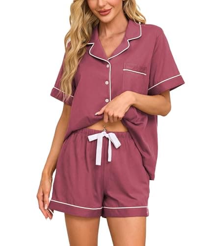 ANLIQI 100% Cotton Pj Sets for Women Short Sleeve & Shorts Pajamas Set 2 Piece Button Down Sleepwear with Pockets S-XXL(Purplish Red,XL)