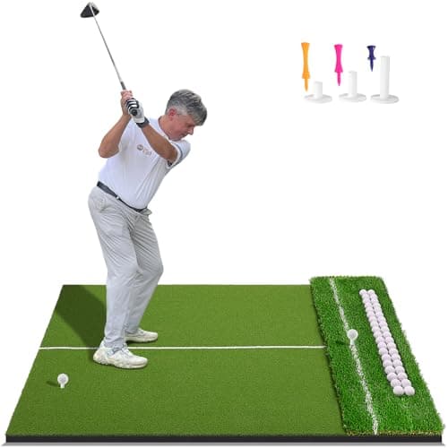 KQUIXOTIC Dual-Turf 5x4ft Golf Hitting Mat, Built-in Ball Tray, Alignment Aid, Golf Mat Practice Outdoor & Indoor, Driving Chipping Putting in Backyard Garage Basement, Gift for Men Dad Golfer