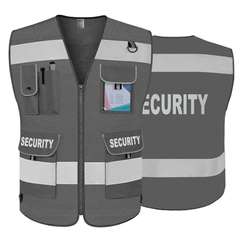 TCCFCCT Mesh Security Vest for Security Guard 9 Pockets High Vis, Grey L