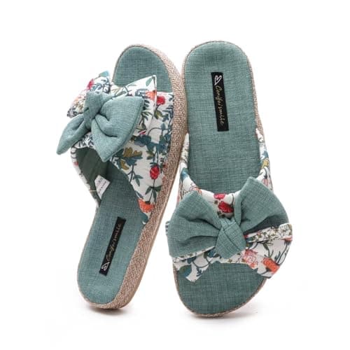 CORIFEI Linen Slippers for Women with Bow Comfy Indoor House Shoes Open Toe with Low Arch Support Rubber Sole for Summer