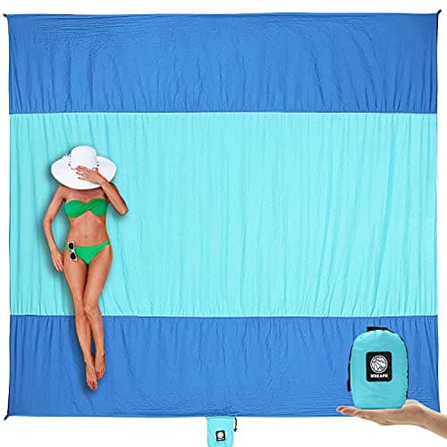 WEKAPO Beach Blanket Sandproof, Extra Large Beach Mat, Big & Compact Sand Free Mat Quick Drying, Lightweight & Durable with 6 Stakes & 4 Corner Pockets (Blue, 7x7 FT (1～3 Person))