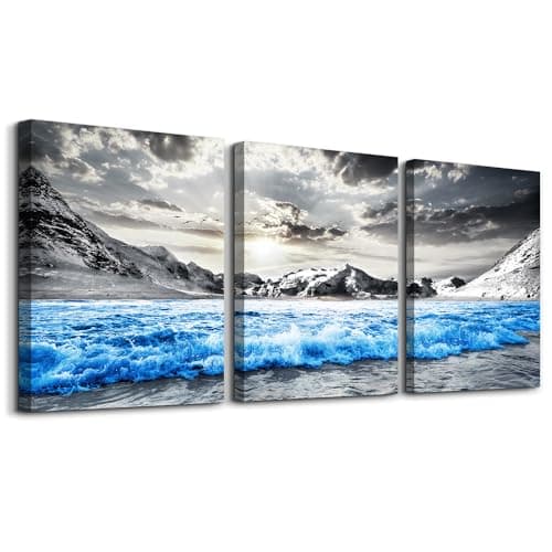 TTHYUEWS Framed Canvas Wall Art For Bedroom Modern Home Decor - 3 Piece Black And White Beach Wall Paintings Blue Ocean Sea Wave Pictures Posters Artwork