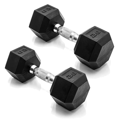 CAP 20 LB Rubber Coated Hex Dumbbell Weight, Rubber Free Weights for Home Gym Strength Training, Chrome Handle, Pair