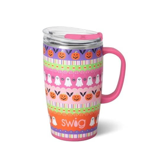 Swig Life 18oz Travel Mug, Halloween Insulated Tumbler with Handle and Lid, Travel Coffee Mug, Cup Holder Friendly, Stainless Steel 18 oz Tumbler, Reusable Insulated with Lid (Trick or Treat)