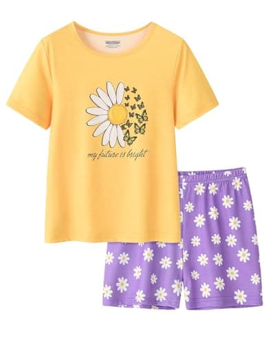 UNICABBIT21 Yellow and Purple Butterfly Flying Around The Daisy Pajamas for Teen Girls Summer Cool Sleepwear Clothes Outfit Set Size 12