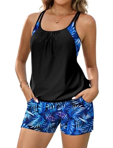 Arolina Swim Suits for Women 2026 Blouson Tankini Modest Two Piece Bathing Suit with Shorts Pockets Blue Leaves (S)