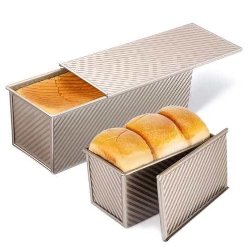 PADELE 2 Pack Pullman Loaf Pan with Lid, 13x4 & 9x4 inch (2.2 lb & 1 lb Dough Capacity), Non-Stick Sandwich Bread Loaf Pan for Homemade Baking Bread, Gold