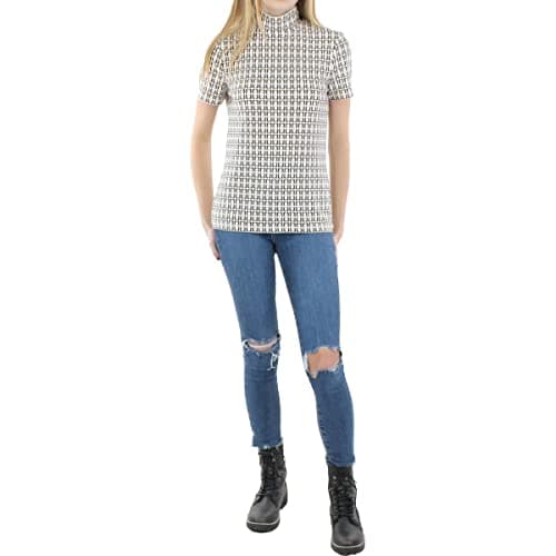 Anne Klein Women's Short Sleeve Stretch Mock Neck Chain Print Top