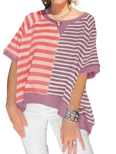 Tankaneo Womens Oversized Color Block Striped T-Shirts Summer Casual Short Sleeve Tops Trendy Loose Fit Crew Neck Tees Pink