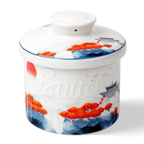 Toptier Butter Crock for Counter With Water Line, On Demand Spreadable Butter, Ceramic Butter Keeper to Leave On Counter, French Butter Dish with Lid, (Mangrove Forest)
