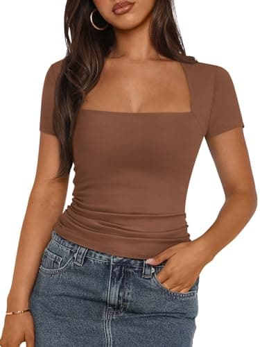 Trendy Queen Women's Square Neck Tops Double Lined Going Out Short Sleeve Shirts Slim Fit Cute T-Shirts Summer Vacation Coffee S