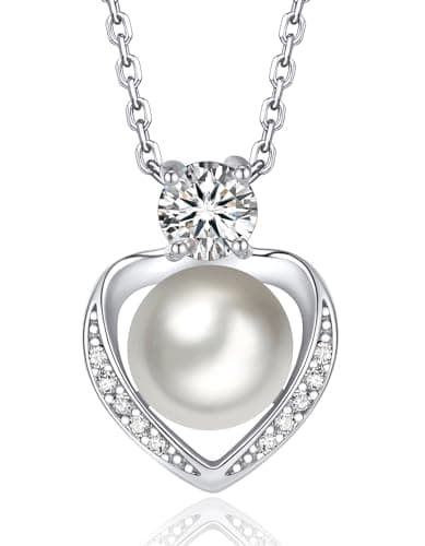 MomentWish Pearl Necklace for Women,Birthday Gifts for Her, 0.5Carat Moissanite Necklace, 8-8.5mm Freshwater Cultured Pearls Pendant, 14K White Gold Plated 925 Sterling Silver Pendent