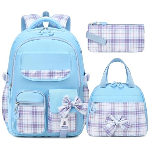 GeeWin School Backpack for Girls, 3PCS 17 Inch Bow Plaid Bookbag School Bag