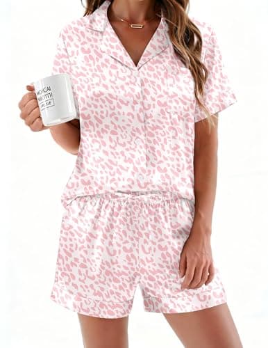 Ekouaer Womens Silk Satin Pajamas Sets 2 Piece Short Sleeve Sleepwear Button Down Top and Shorts Pjs Lounge Wear Sets,Pink Leopard,M