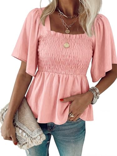 HEYTALALA Womens Summer Smocked Peplum Top Square Neck Ruffle Short Sleeve Blouse Loose Fit Babydoll Shirts 2025 Light Pink S