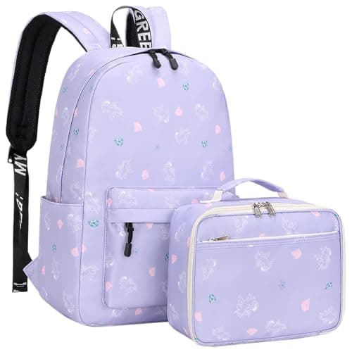 Lohol Cute Unicorn School Backpack with Lunch Box, Lightweight Water Resistant BookBag Set for Kids Girls Teens (Purple