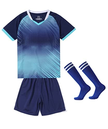LUCKYLUAN Boys Girls Soccer Jersey Shorts Socks Set Uniform Athletic Football Sports Kit for Kids 11-12 Years Navy