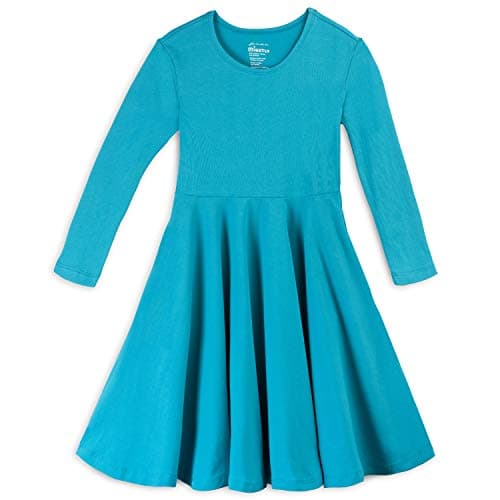 Mightly Girls' 3/4 Sleeve Skater Dress | 95% Organic Cotton, Colorful Twirl Dress with Side Pockets, Ideal for School, Birthday Parties, and Play, for Kids, Fair Trade Certified, Turquoise, 3T