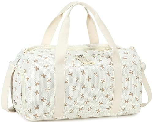 Gym Bag Sports Duffle Bag with Wet Pocket Weekender Overnight Bags with Waterproof Shoe Pouch and Air Hole for Girls Kids Women Workout Travel Bags (Brown Bow - Beige)