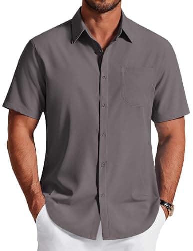 COOFANDY Mens Short Sleeve Dress Shirts Wrinkle Free Solid Casual Button Down Shirts with Pocket Dark Grey