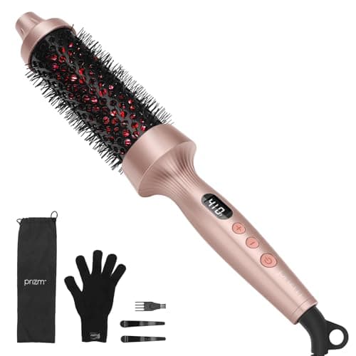 Prizm Infrared Thermal Brush Curling Brush, 1.5 Inch Ionic Heated Round Brush for Blowout Look, 4 Temp Settings & LED Display, Anti-Scald Design, Dual Voltage Hot Brushes for Voluminous Curls, Gold