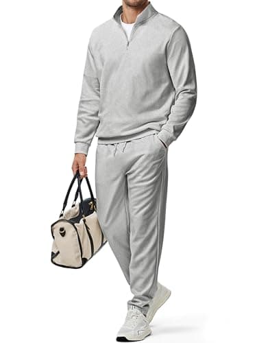 JMIERR Men's Quarter Zip Polo Tracksuit Joggers 2 Piece Set, Grey, 2XL