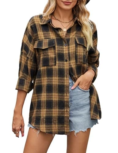 Zontroldy Womens Flannel Plaid Shirts Oversized Lightweight Buffalo Plaid Button Down Shirt Blouse Tops (0355-02Brown-XXL)